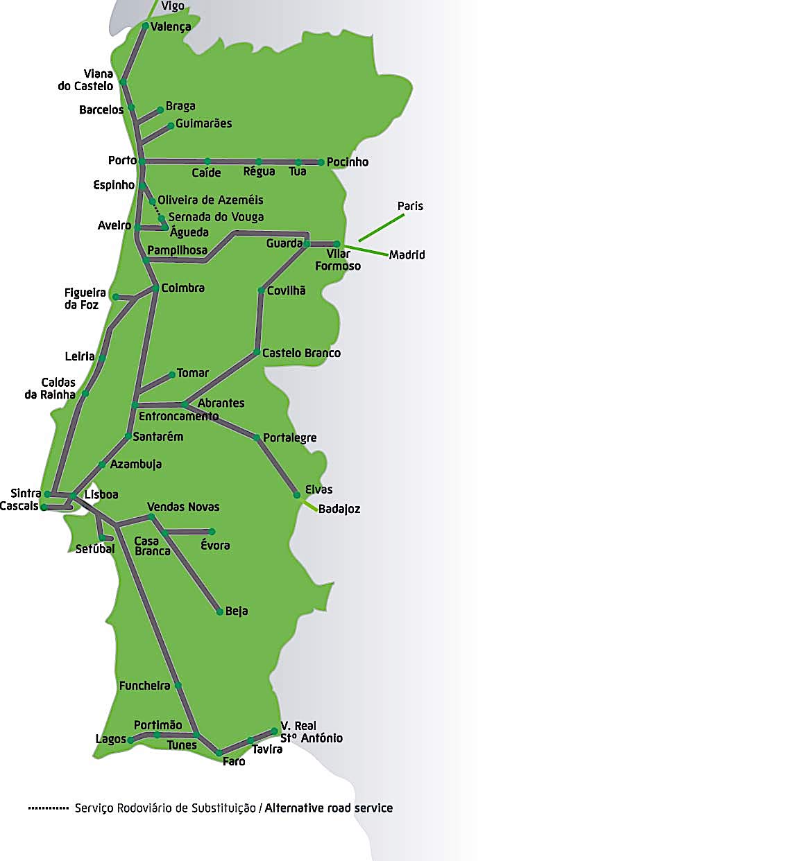 Map - train service in Portugal